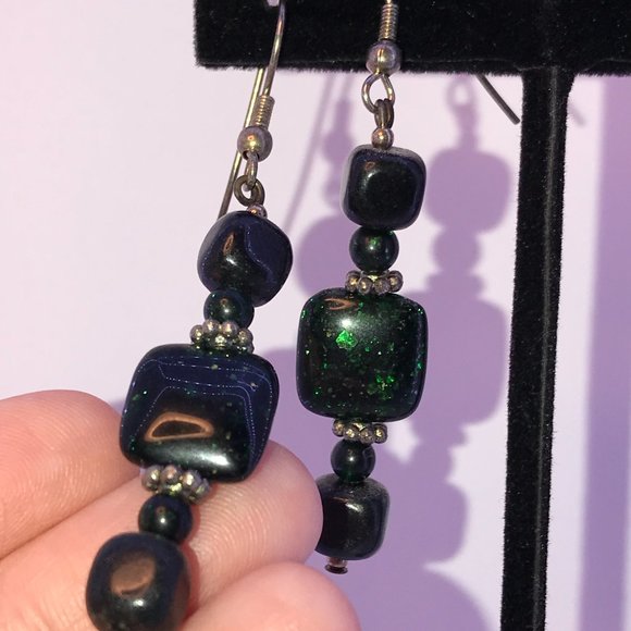 Green Goldstone and Onyx Earrings - Picture 2 of 11